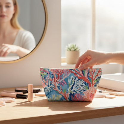 Colorful makeup bag on a vanity with a mirror and makeup items.
