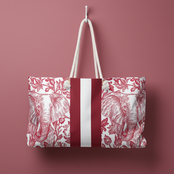 Tuscaloosa themed Tote bag with elephant pattern and crimson stripes on a pink background