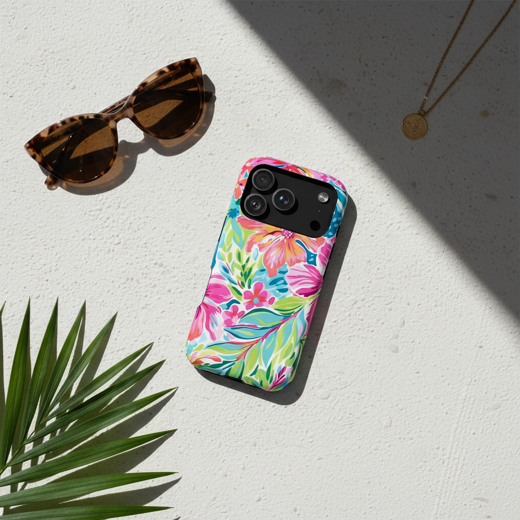 Waikiki Slim Case for iPhone with colorful floral design on a light surface with sunglasses and a leaf.