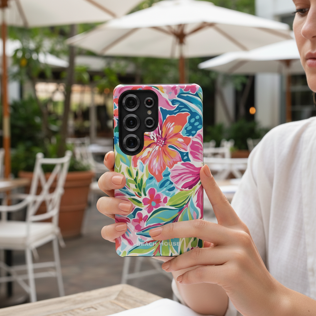 Person holding a Waikiki Tough Case for Galaxy with a colorful floral case in an outdoor setting