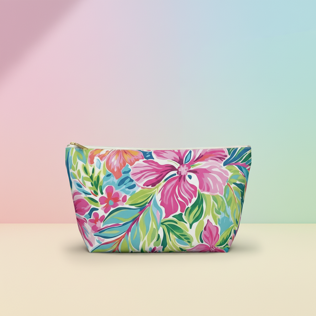 Floral patterned pouch on a pastel gradient background