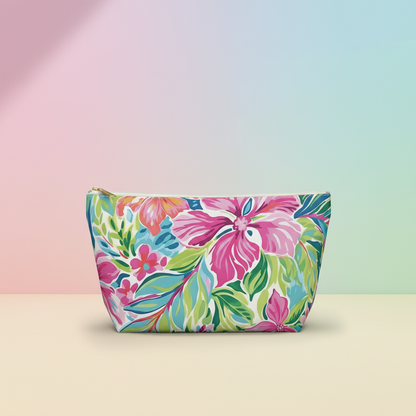 Floral patterned pouch on a pastel gradient background
