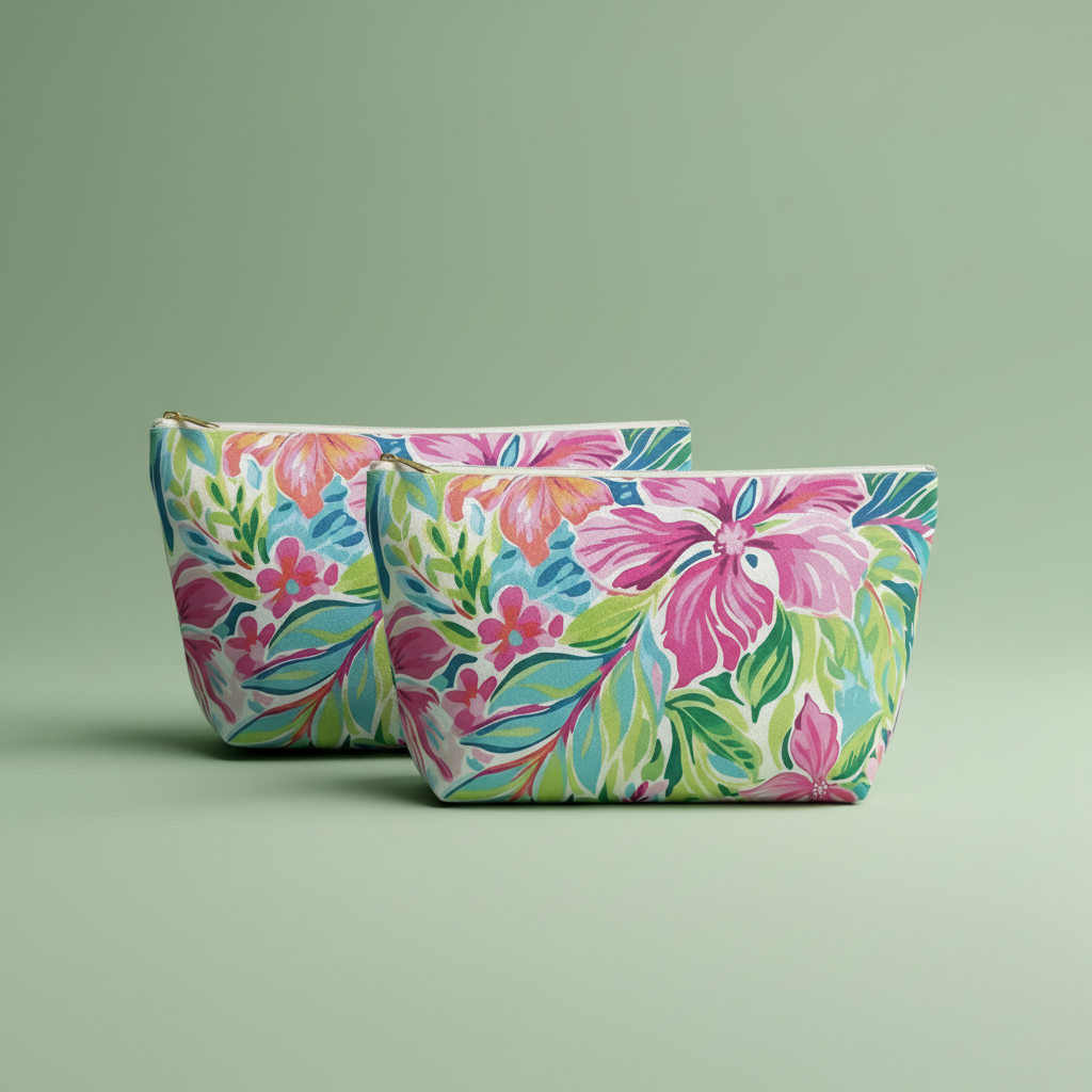 Two floral-patterned pouches on a green background