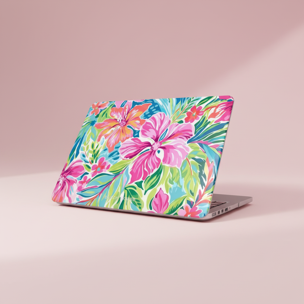 Waikiki MacBook Case with a colorful floral design on a pink background