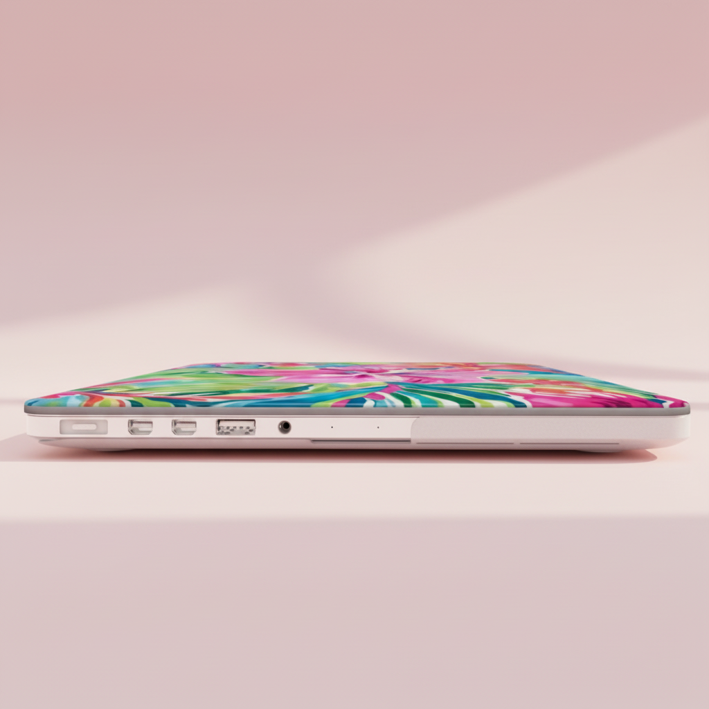 Laptop with a colorful floral Waikiki MacBook Case on a light pink background