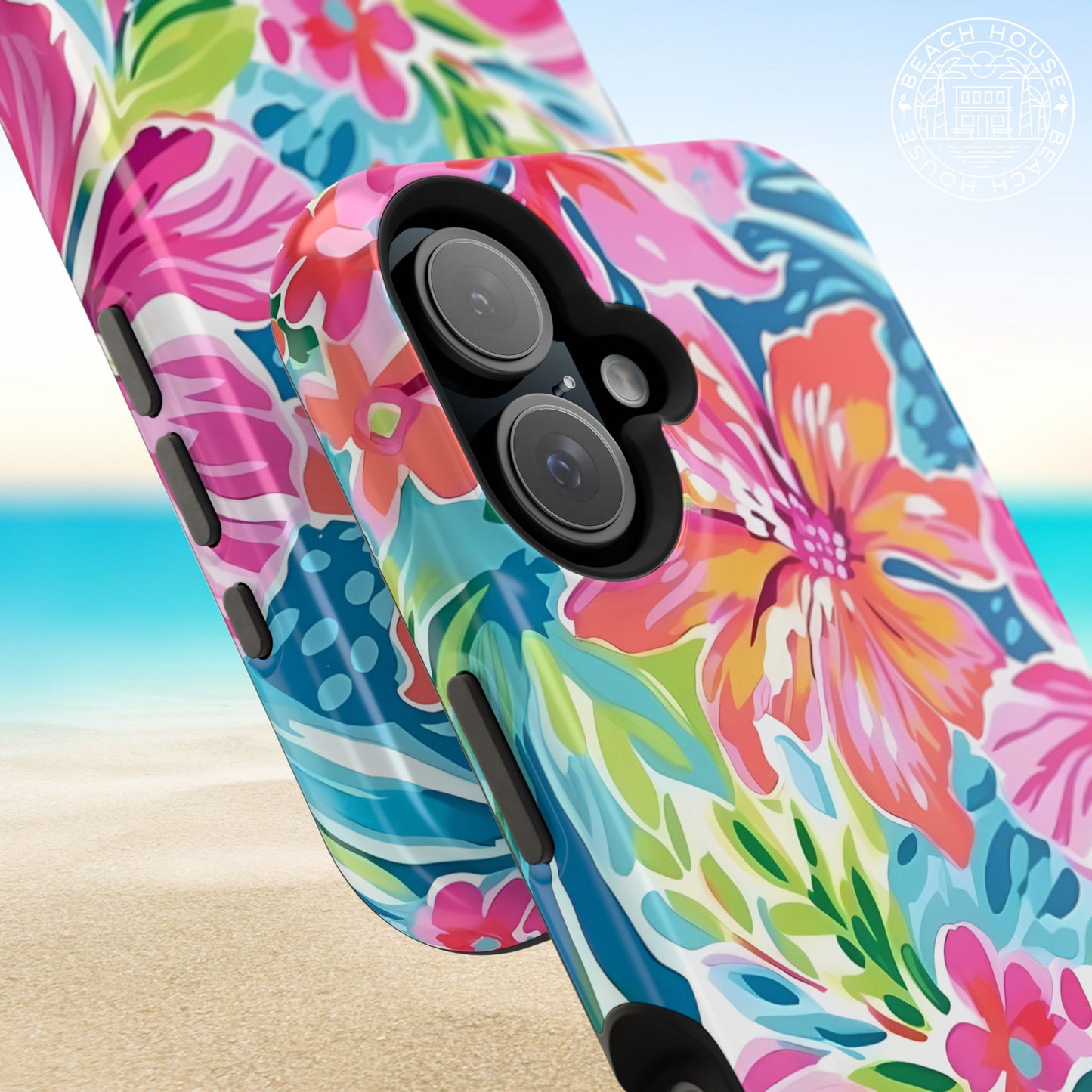 Close up views of the Waikiki MagSafe Tough Case for iPhone with a beach background