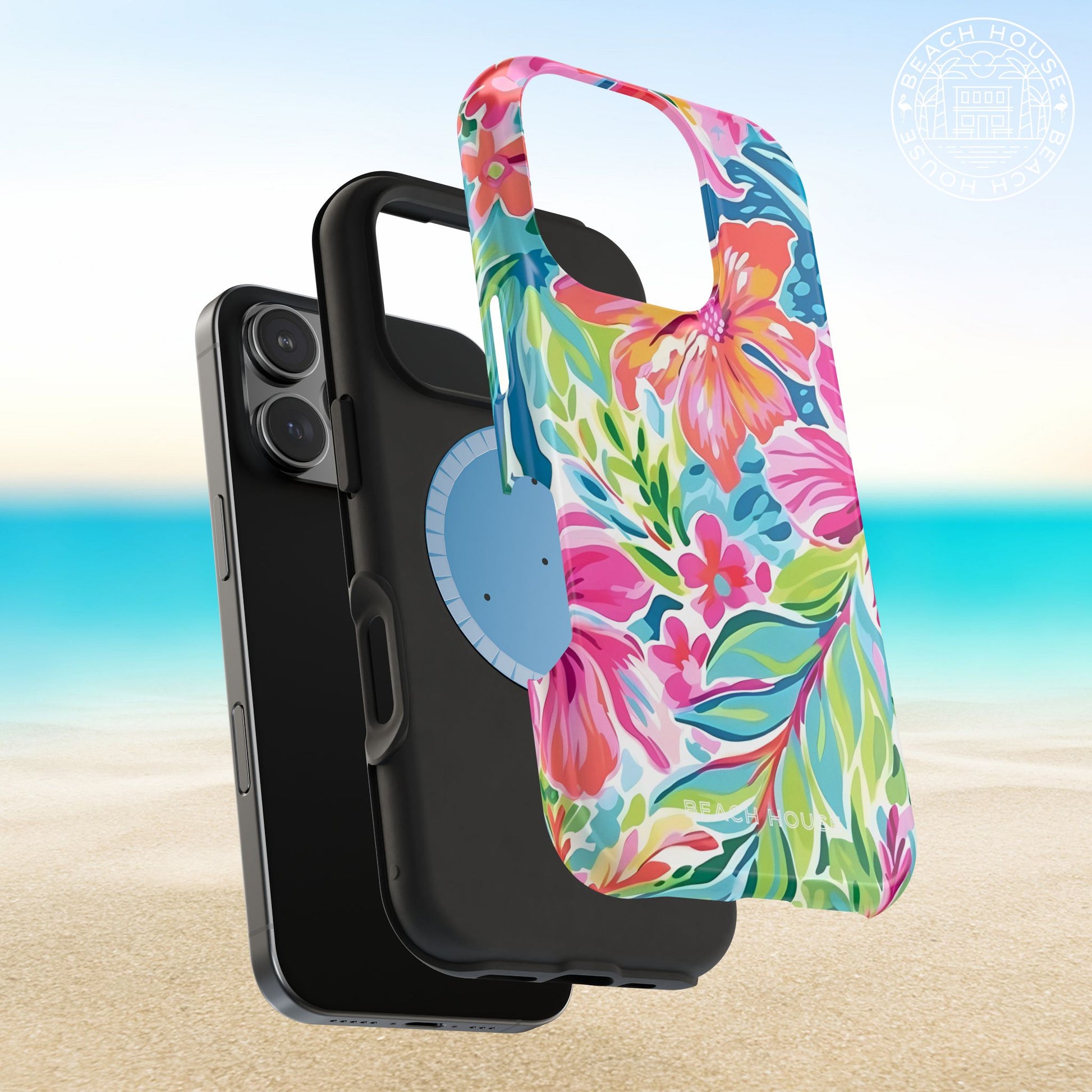 Protective layers and magnetic liner of the Waikiki MagSafe Tough Case for iPhone with colorful floral design on a beach background
