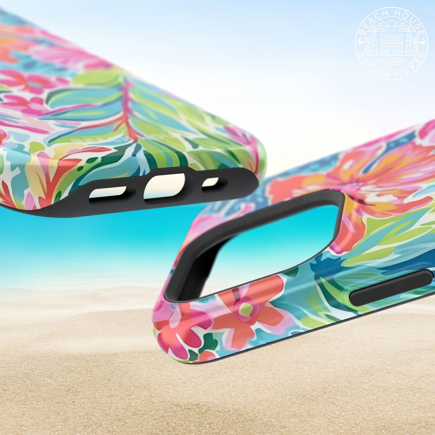 Close up views of the top and bottom  of the Waikiki MagSafe Tough Case for iPhone on a beach background