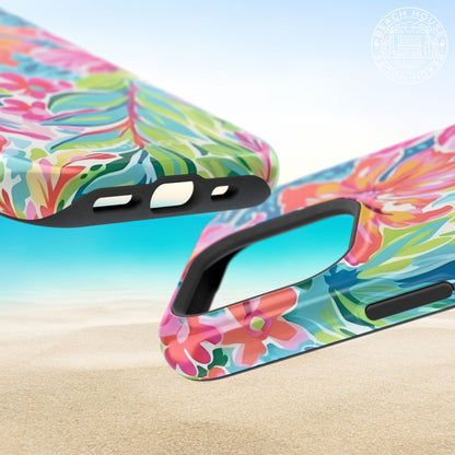 Close up views of the top and bottom  of the Waikiki MagSafe Tough Case for iPhone on a beach background