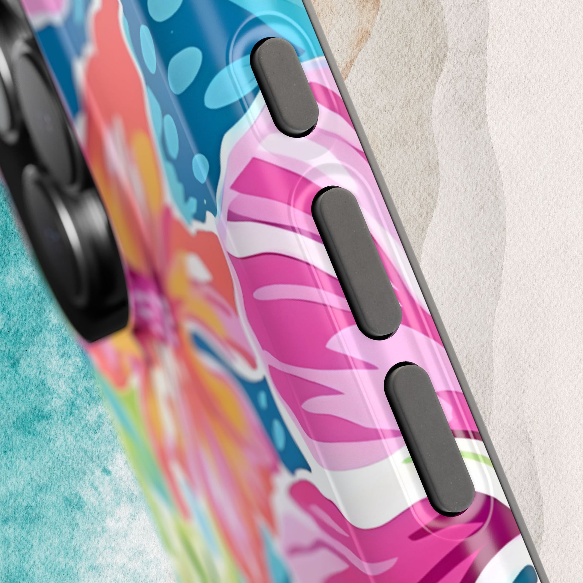 Close up view of the buttons on the Waikiki MagSafe Tough Case for iPhone