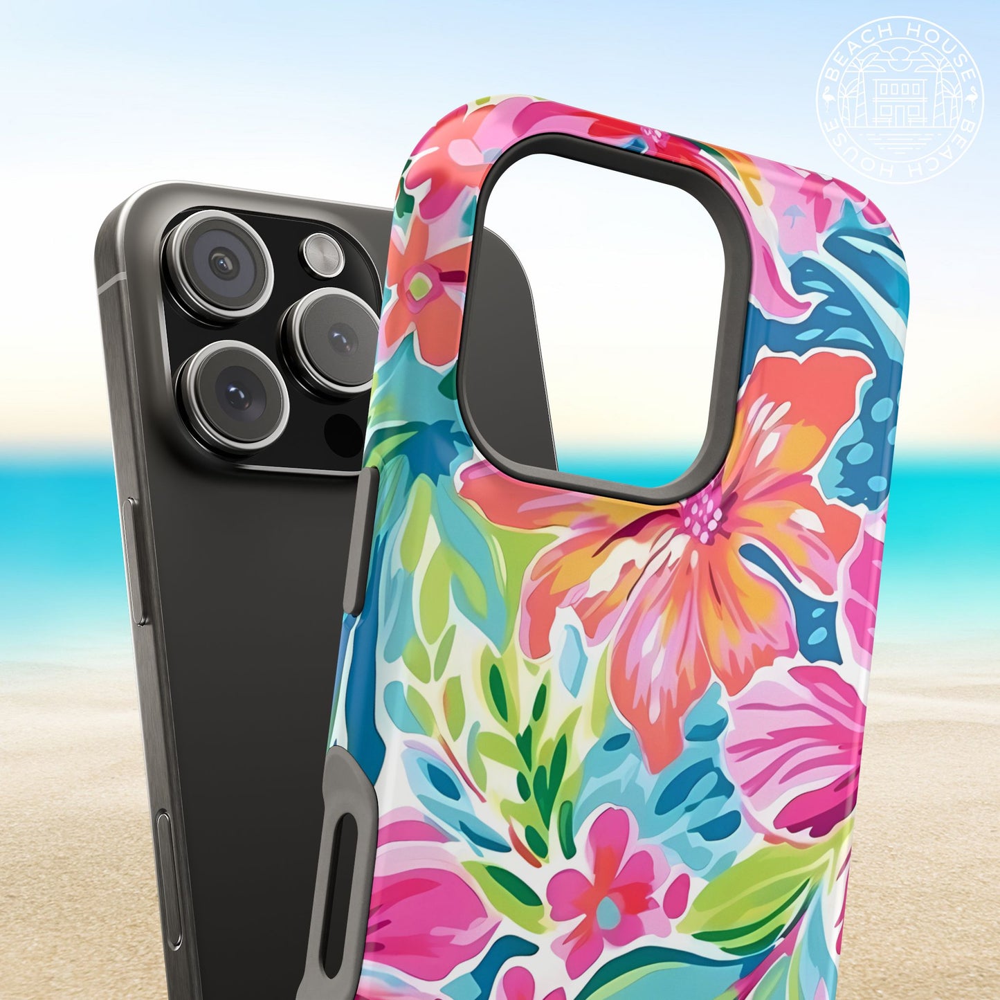 Tropical Waikiki phone case next to a iPhone, with a beach background