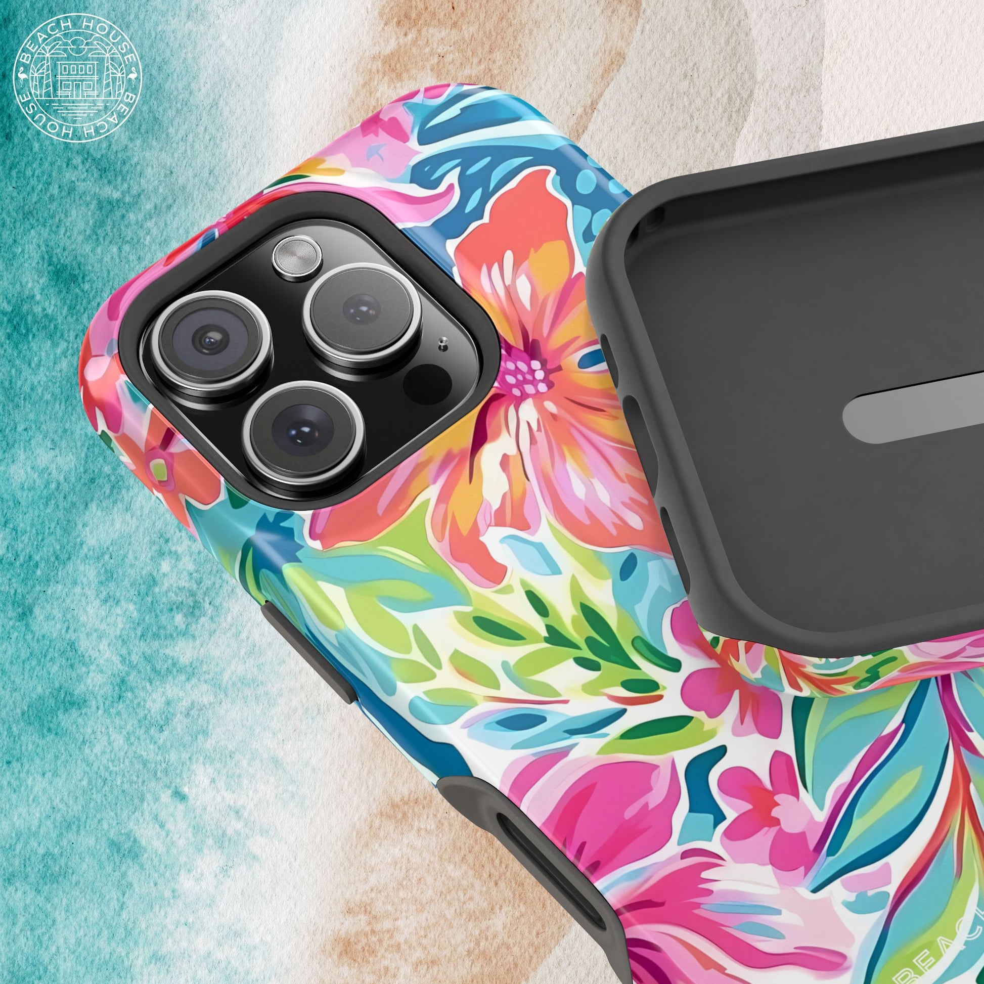 Interior and exterior views of the Waikiki MagSafe Tough Case for iPhone on a textured surface.