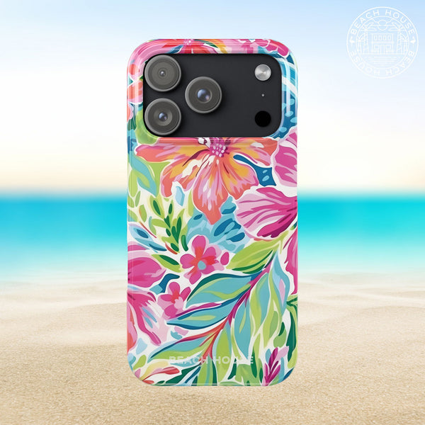 Tropical Waikiki Slim Case for iPhone 17 Pro on a beach background