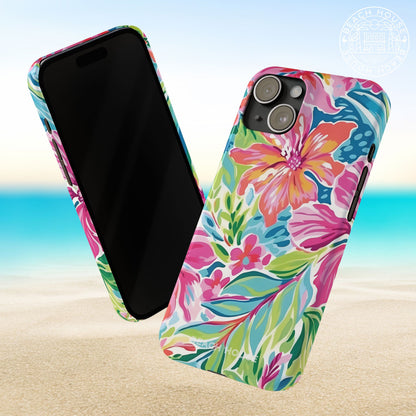 Front and back views of the Waikiki Slim Case for iPhone on a beach background