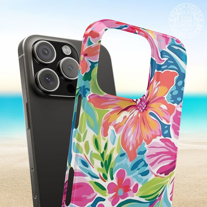 Snap on style Waikiki Slim Case for iPhone with colorful floral design on a beach background