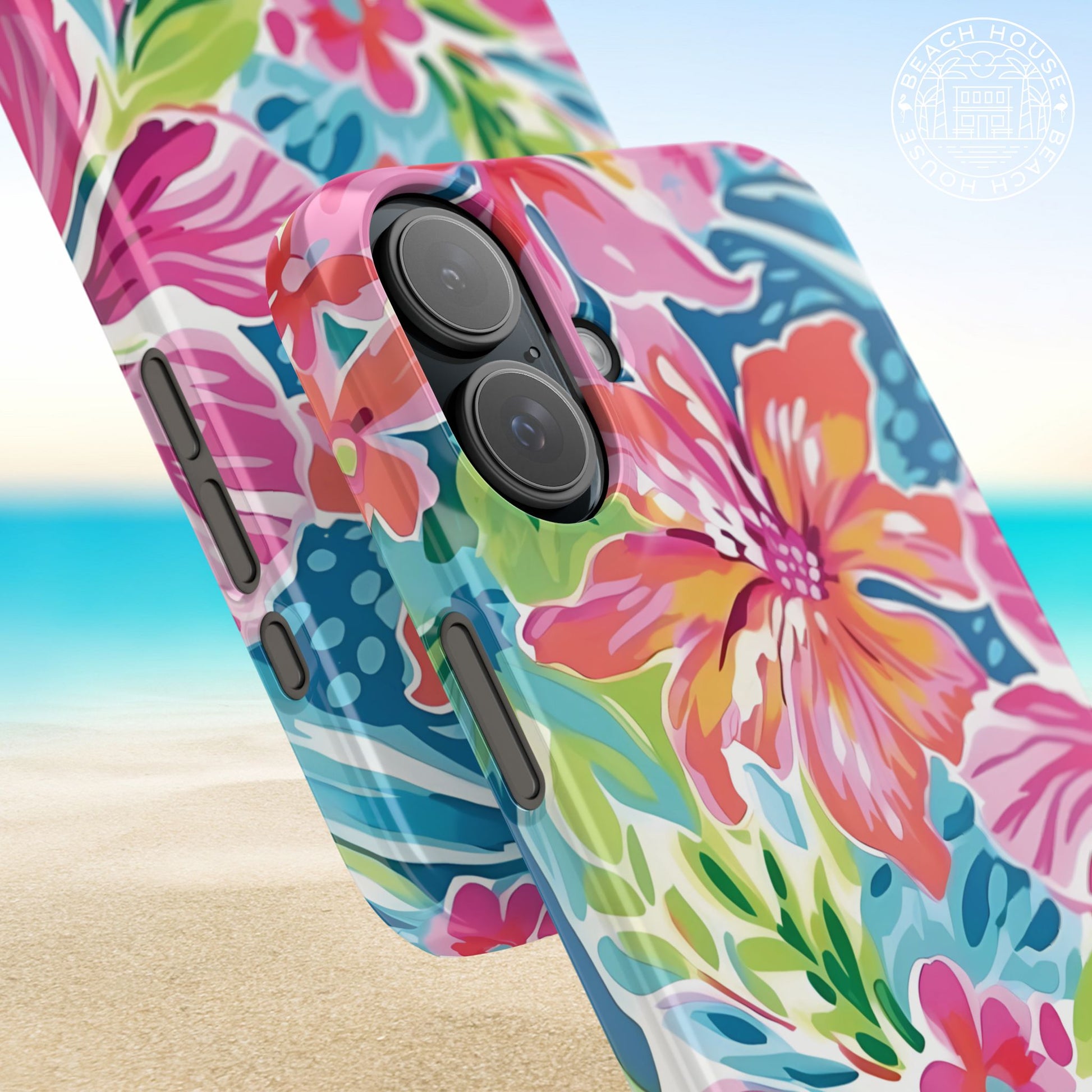 Close up views of the Waikiki Slim iPhone case with a beach background