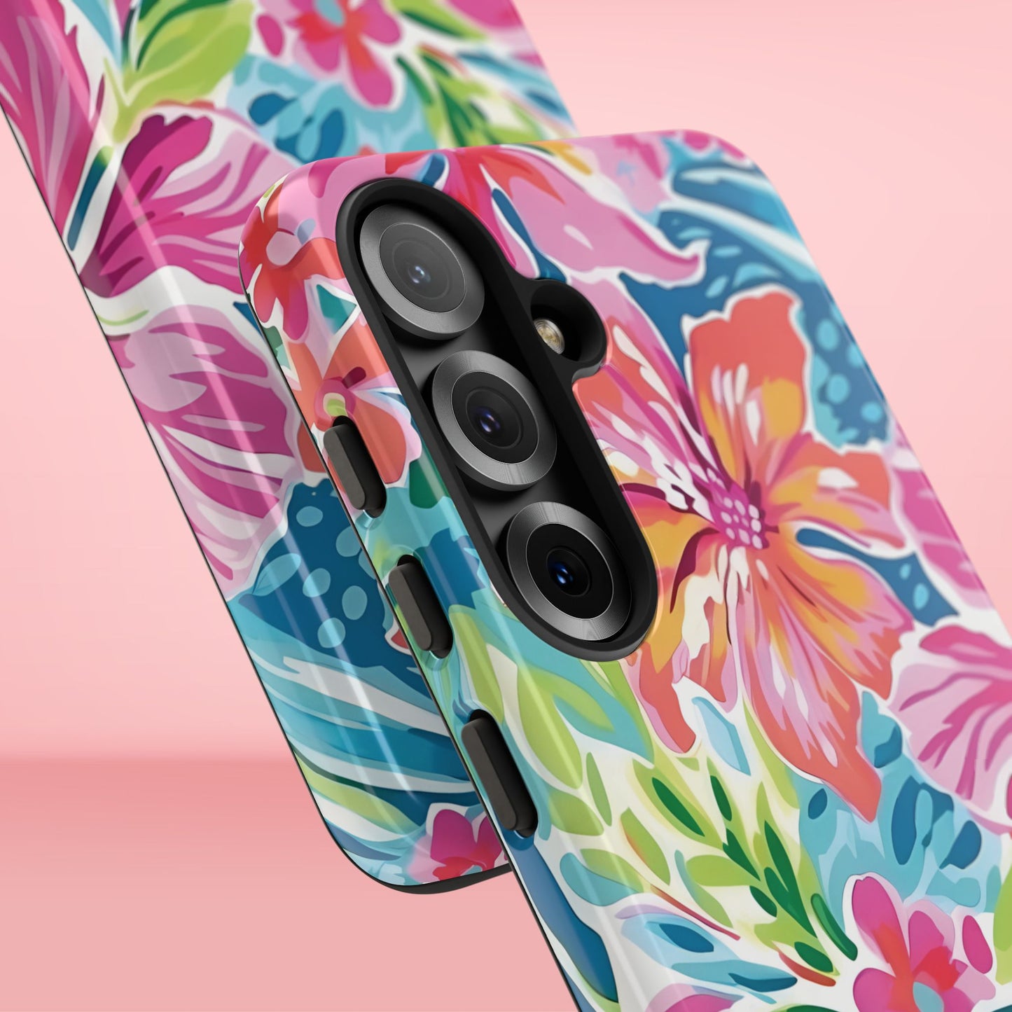 Close up views of the Waikiki Tough Case for Galaxy case on a pink background