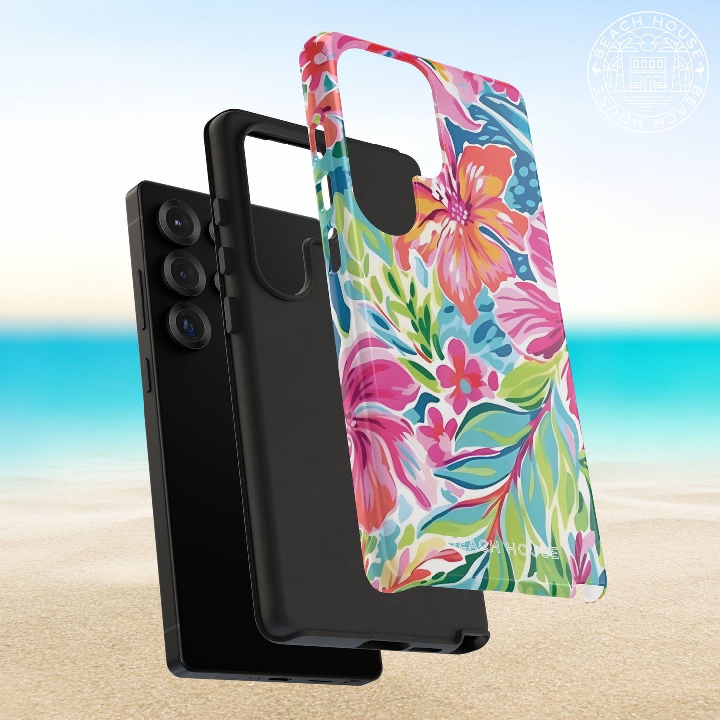 Layers of the tropical Waikiki Tough Case for Galaxy with black phone on a beach background