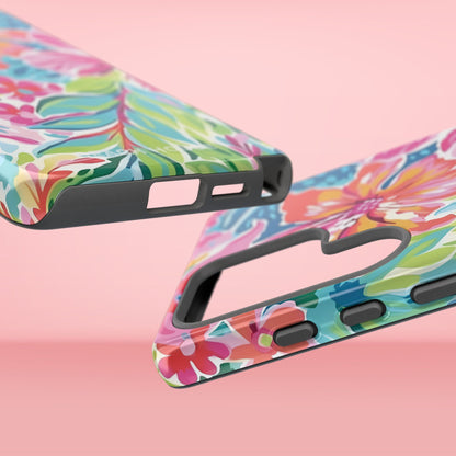 Top and bottom views of the Waikiki Tough Case for Galaxy with floral patterns on a pink background