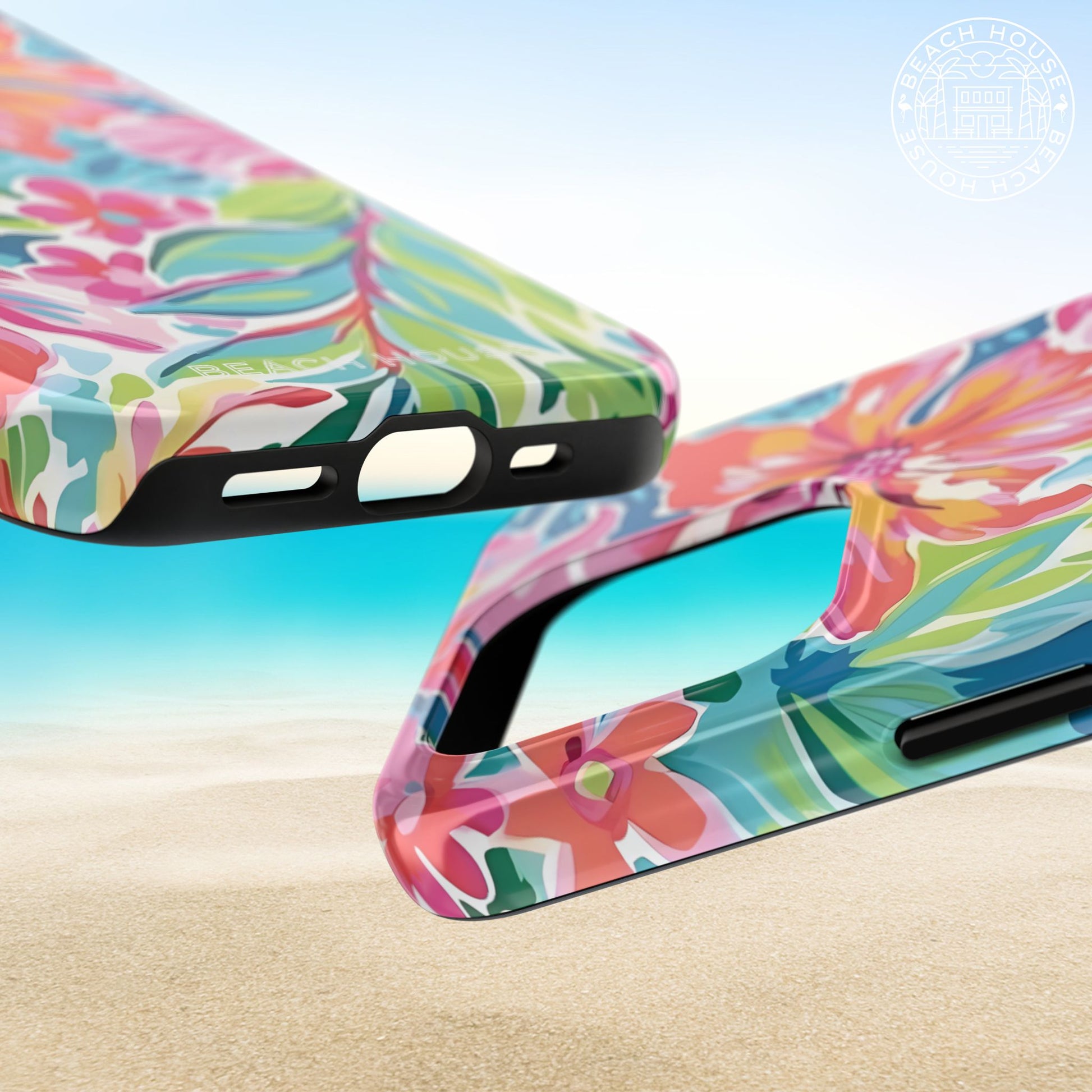 Top and bottom views of the Waikiki Tough Case for iPhone on a beach background