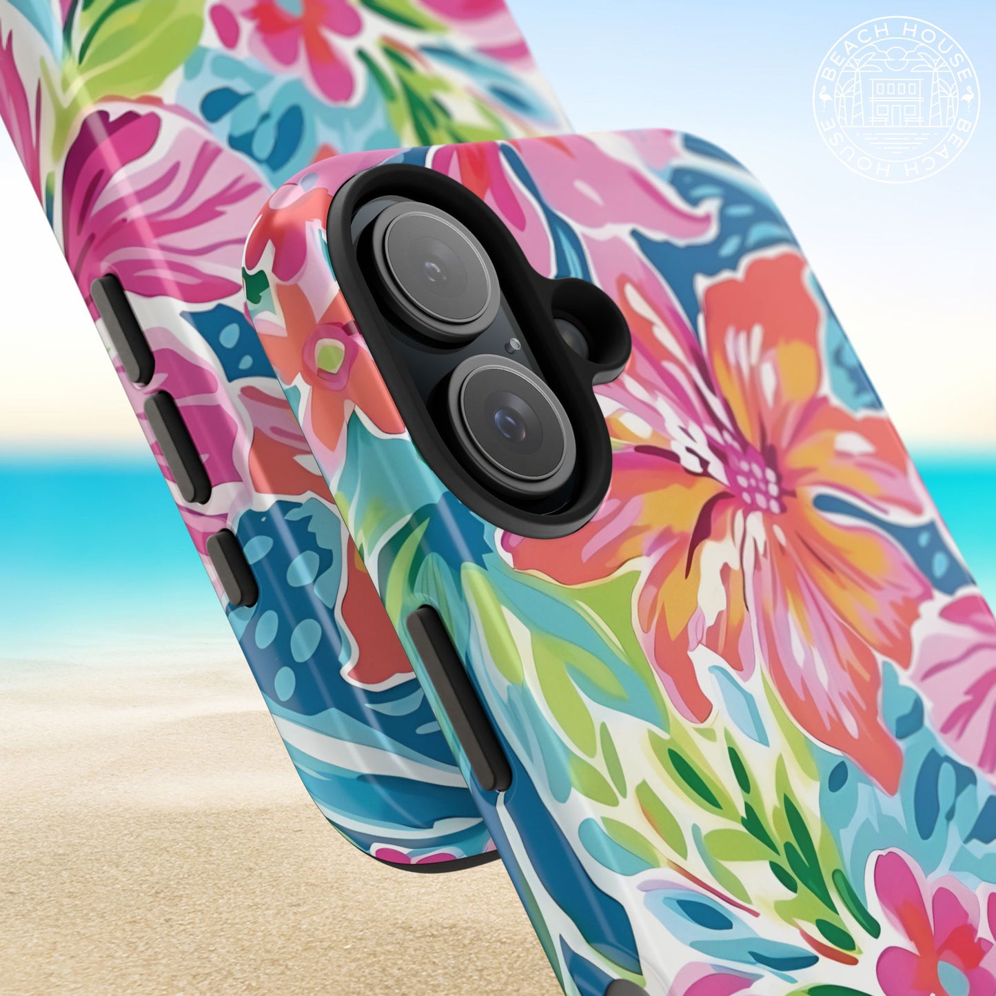 Close up views of the Waikiki Tough Case for iPhone a beach background