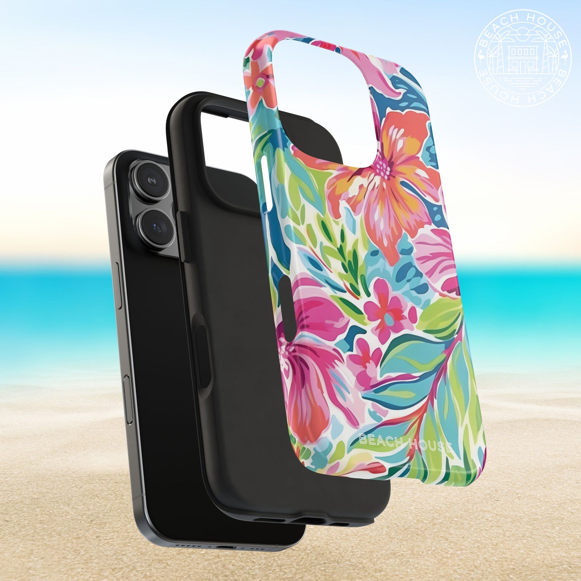Protective layers of the Waikiki Tough Case for iPhone on a smartphone with a beach background