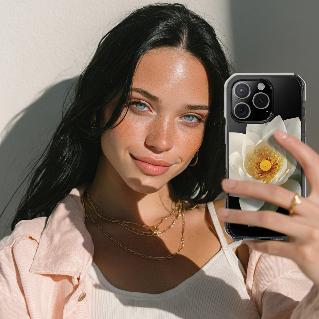 Woman holding a phone with a flower design case against a neutral background
