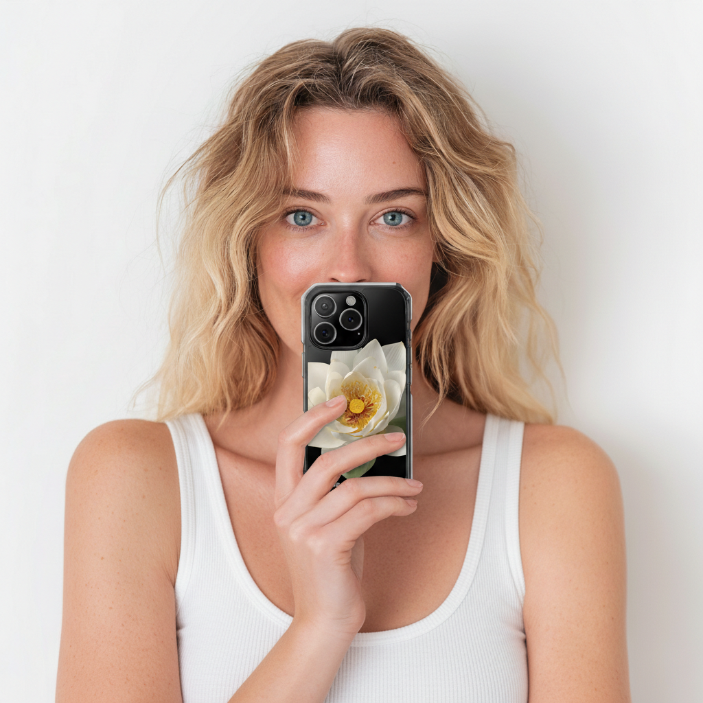 Woman holding a phone with a flower case against a white background
