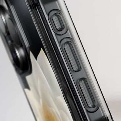 Close-up of a smartphone case with a clear design on a light gray background