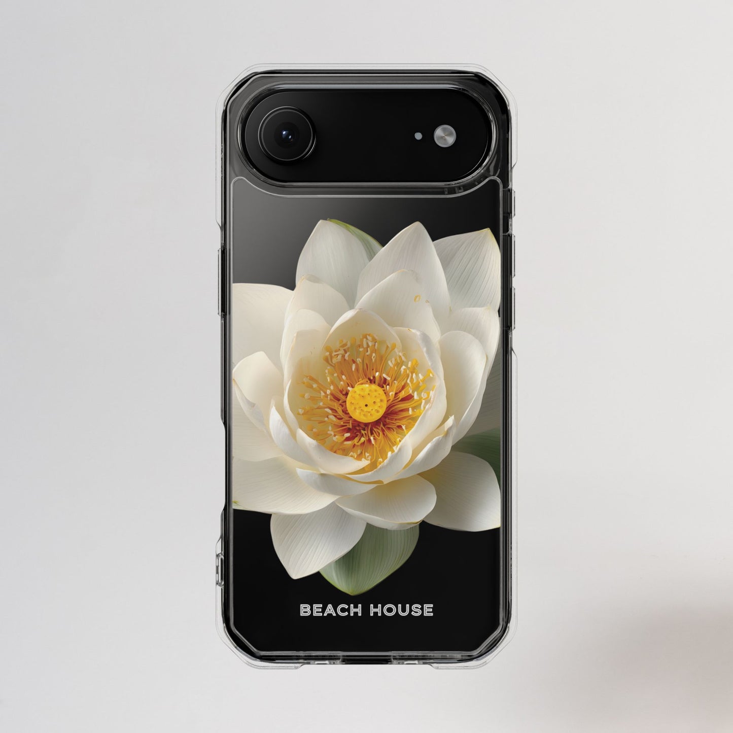 Phone case with a white flower design and 'Beach House' branding on a light gray background