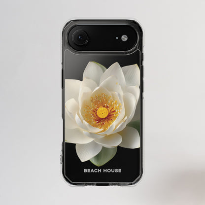 Phone case with a white flower design and 'Beach House' branding on a light gray background