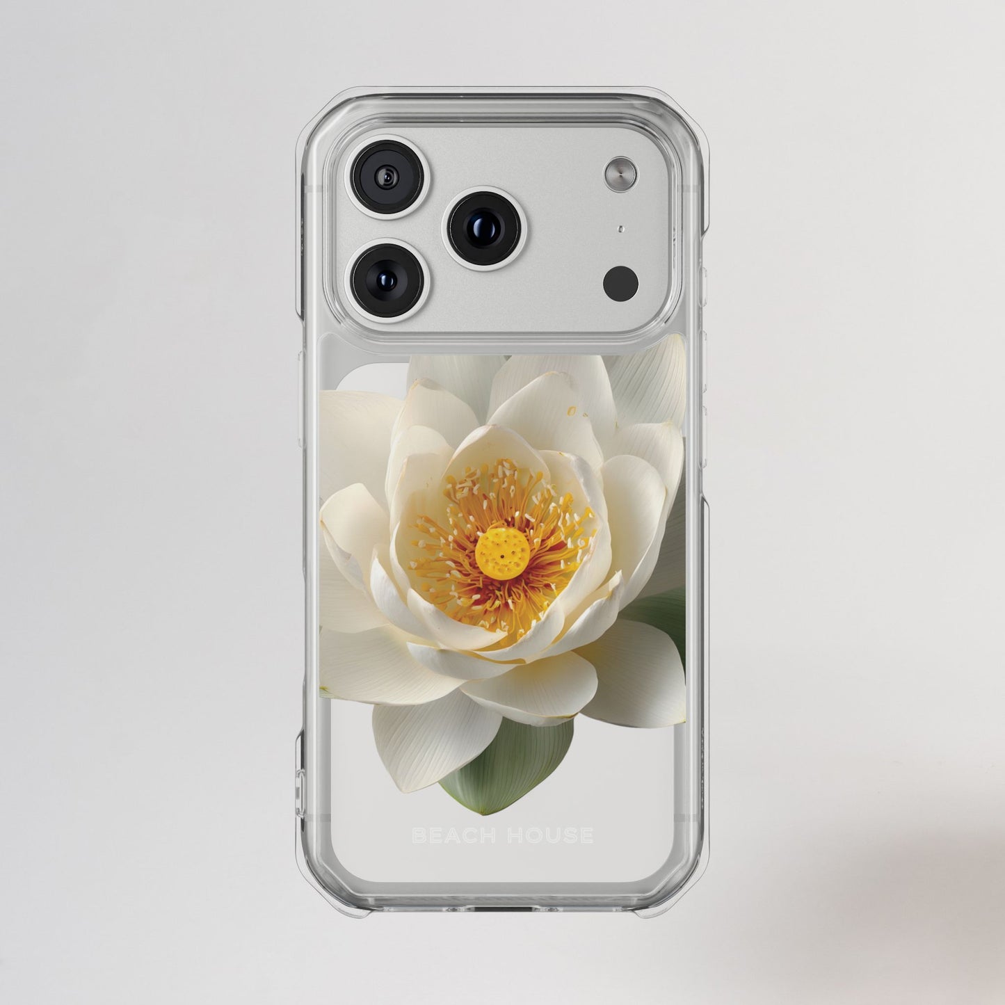 Phone case with a white flower design on a light gray background