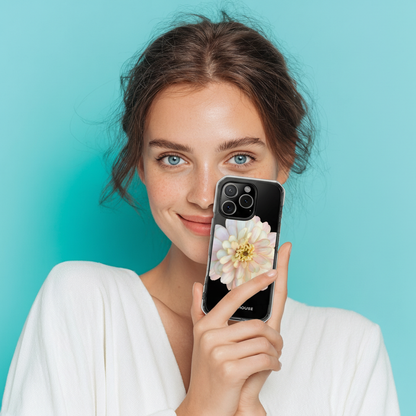 Woman holding a phone with a floral case against a turquoise background