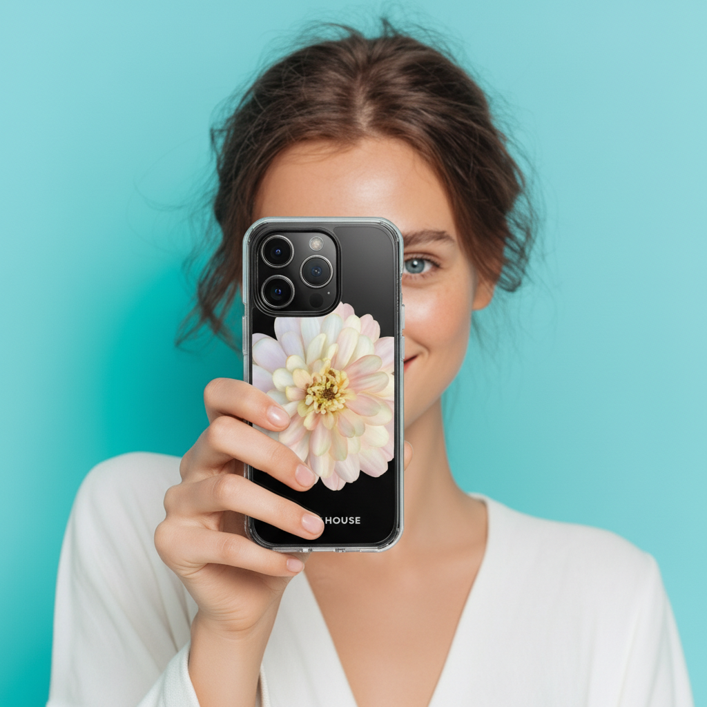 Woman holding a phone with a floral case against a teal background