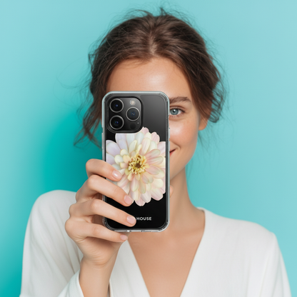 Woman holding a phone with a floral case against a teal background