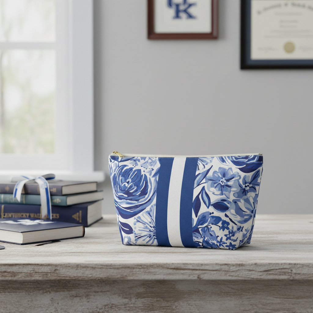 Blue floral pouch on a wooden surface with books and a window in the background