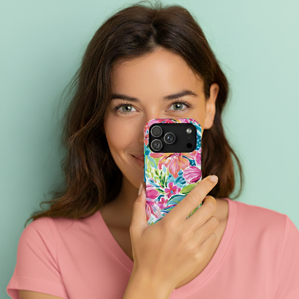 Woman holding a phone with a colorful Waikiki iPhone case against a light green background